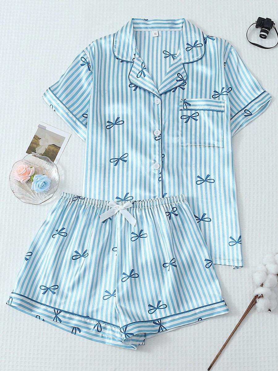 Bộ đồ ngủ nữ 2 món gồm áo tay ngắn cổ bẻ và quần short thắt nơ bằng vải satin kẻ sọc, thích hợp cho mùa xuân/hè. - Màu xanh lam - Xem 1