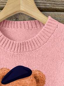 2026 Spring New Arrival Bear Graphic Print Round Neck Long Sleeve Collegiate Style Casual Pullover Knit Top - Multi-colored (pink) - View 3