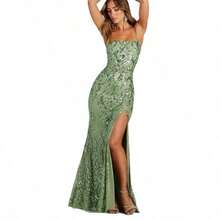 New Hot-Selling Dress Fashionable And Sexy Suspender Halter High Split Celebrity Sequined Dress (2 Colors) - 綠色 - 查看 4