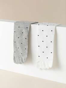 1/3 双装 女士复古波点针织五指袜，中筒休闲弹力显瘦五指袜，日系黑白灰可爱过膝袜 - 彩色 - 查看 7