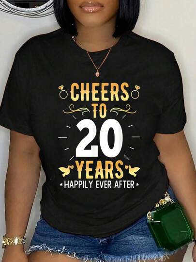 100% Cotton Cheers To 20 Years Married Couples 20th Wedding Anniversary T-Shirt Short Sleeve Round Neck Casual Top For Summer & Spring, Women's Men's Graphic Tee