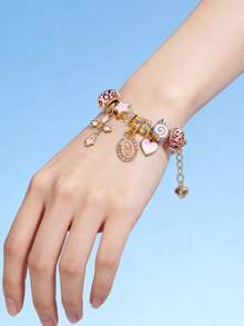 ROMWE Kawaii 1件装女士可调节日常手链，饰有金色水钻、粉色豹纹、十字架、圣心、花朵和棒棒糖珠子 - 粉紅色聖母十字架 - 查看 2