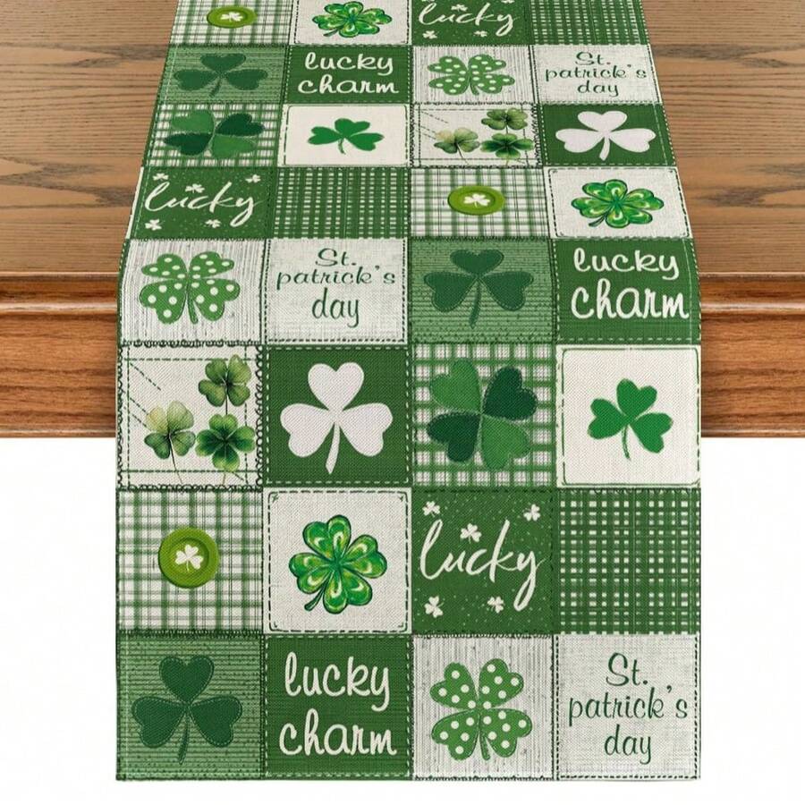 Camino de mesa a cuadros del Día de San Patricio con trébol, decoración de mesa de cocina y comedor de primavera con suerte para fiestas en el hogar - Multicolor - Ver 1