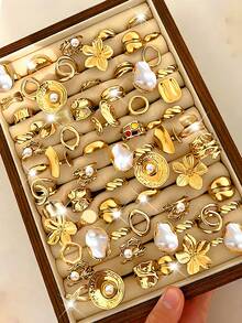 20/7件套复古优雅奢华波西米亚风女士金属珍珠戒指套装，适合日常、派对、婚礼、节日、情人节佩戴 - 金色 - 查看 5