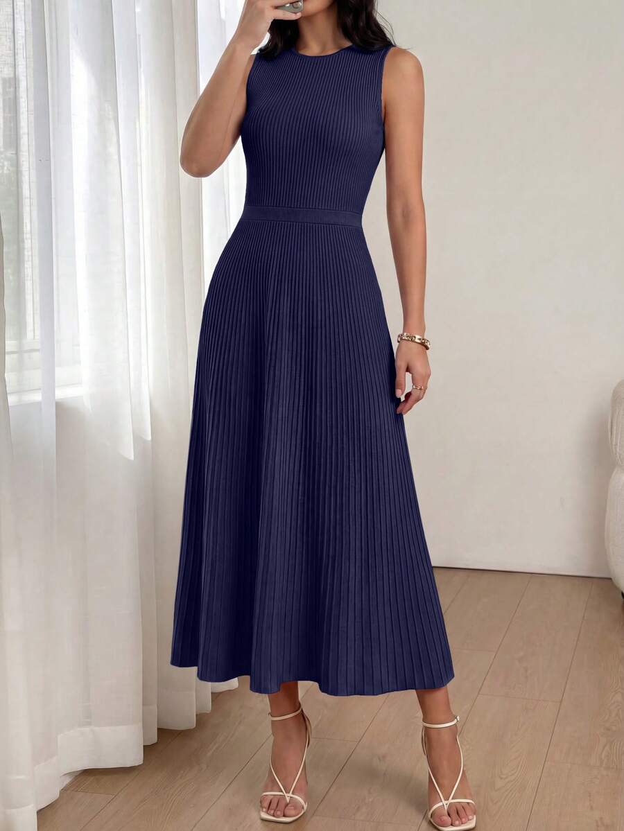 Women Summer Sleeveless Midi Dress Crewneck Ribbed Knit Pleated Swing A-Line Flowy Dress Solid Color Casual Spring Holiday Vacation Valentine Long Midi Dress Outfits - 藏蓝色 - 查看 1