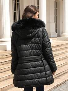 Plus Size Women's Hooded Down Jacket With Faux Fur Collar, Autumn/Winter - 黑色(黑毛) - 查看 2