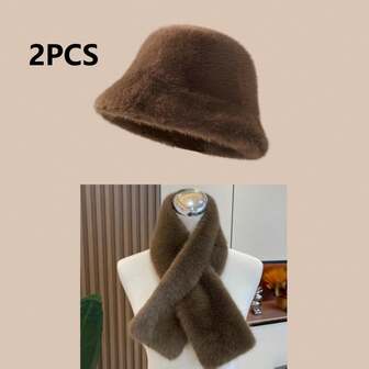 2pcs Women's Outdoor Solid Color Stylish Fleece Warm Beanie Hat Set, Autumn/Winter