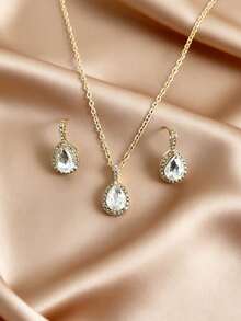 Bộ 1 dây chuyền và bông tai hình giọt nước màu trắng đính đá Cubic Zirconia tinh tế, thiết kế cổ điển sang trọng, bộ trang sức cao cấp phù hợp cho phụ nữ, dự tiệc, liên hoan, đeo hàng ngày và các lễ hội. - trắng - Xem 4