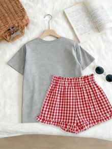2pcs/Set Teenage Girls Casual Slogan Print Round Neck Short Sleeve T-Shirt + Red Plaid Shorts Cute & Comfortable Summer New Outfit - Multicolor - View 3