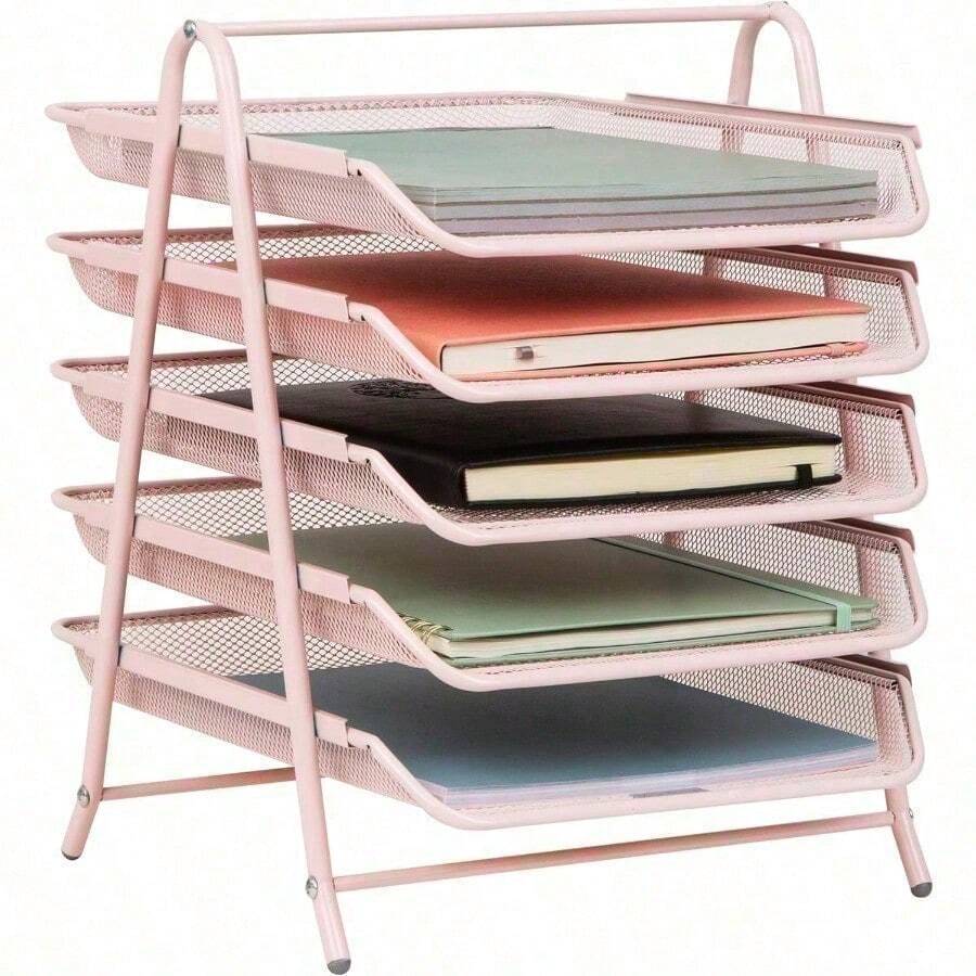 Mind Reader 5-Tier Paper Tray Desktop Organizer File Storage Workspace Office Metal Mesh 11.75" L x 14" W x 14.5" H Pink - Rosa - Ver 1