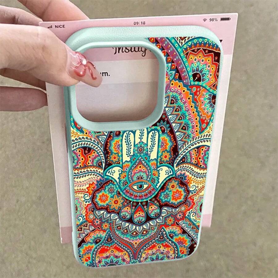 1pcs Bohemian Mandala Hamsa Hand Phone Case Suitable For Apple Phone 11 12 13 Pro Xs Max XS X 14 15 16 Plus 17ProMax Silicone Shock Proof Vintage Funky Fashion Exquisite Can Be Given To Friends You Can Give It To Yourself - 薄荷綠 - 查看 1