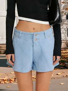 Women Loose Fit Denim Shorts Elegant Double Button Closure Summer Mini Shorts For Beach Daily Wear - Màu xanh nhạt - Xem 4