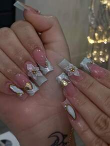 10片蓝色美人鱼法式方形中长款3D雕刻美甲贴片，Y2K风格珍珠装饰，精致手工制作，适合女孩日常佩戴，按压式美甲贴片，美甲用品 - 彩色 - 查看 1