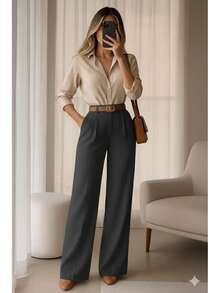 Elegant Executive Outfit: Wide-Leg Pants, Striped Dress Shirt - An Authoritative Look For Women. - 灰色 - 查看 1