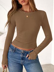 Women Spring And Fall Long Sleeve Shirts Ribbed Crewneck Fitted Basic Tee Going Out Tops Casual Workout Vacation Outfits - Dark Khaki - View 1