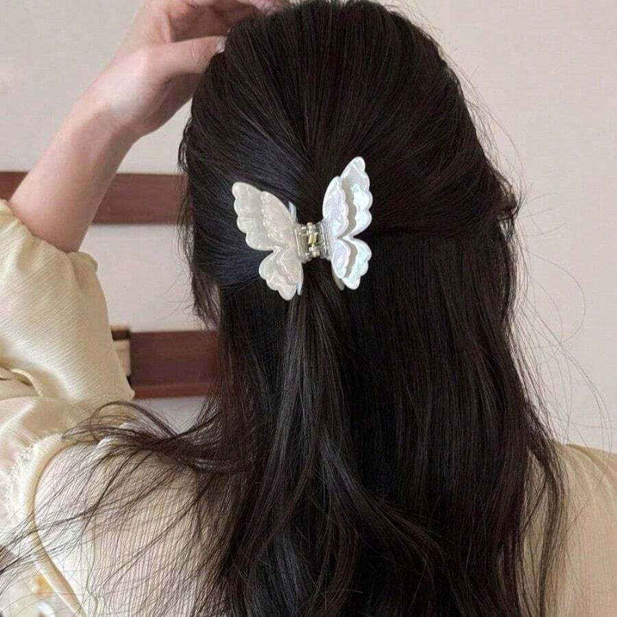 Fancy Butterfly Hair Clip For Women; High-End Feeling Half-Updo Hair Clip For The Back Of The Head; Stylish Shark Clip Hair Accessory - 米色蝴蝶抓夾 - 查看 1