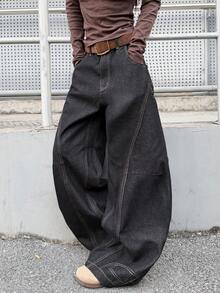 1件装 女士日系街头风复古拼接筒状牛仔裤，宽松阔腿裤，舒适百搭的高街牛仔裤（不含腰带/配饰）休闲黑色春季款 - 黑色 - 查看 6