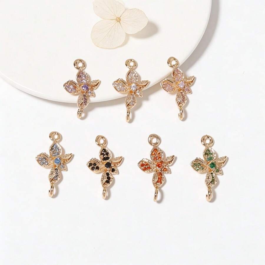 5pcs/Set Delicate Floral Rose Zirconia Pendant, Suitable For DIY Jewelry Making, Necklace, Bracelet, Earring, Bag Chain, Keychain, Zipper Decor - Multicolor - View 1