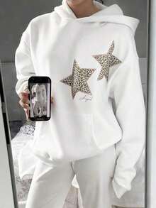 Trenfashion Women's Oversized Slogan Star Leopard Print, Y2K Aesthetic Heather Graphic Hoodies Drop Shoulder Pullover Casual Sweatshirt Fit&Long - 白色 - 查看 1
