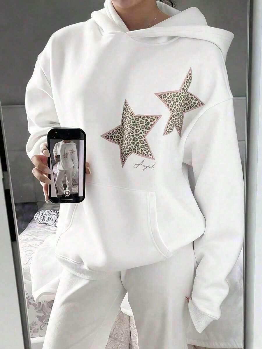 Trenfashion Women's Oversized Slogan Star Leopard Print, Y2K Aesthetic Heather Graphic Hoodies Drop Shoulder Pullover Casual Sweatshirt Fit&Long - 白色 - 查看 1
