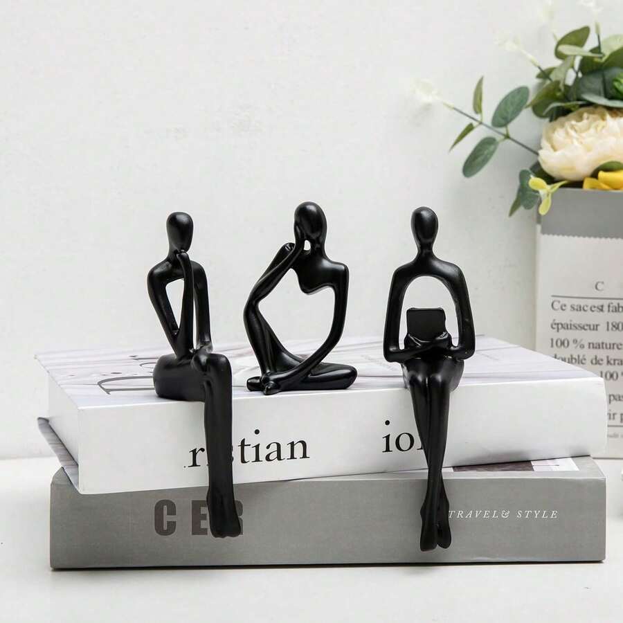 Gold Home Decor Thinker Statue Accents, Set Of 3 Thinker Sculptures Office Decor Modern Abstract Resin Decoration On Shelf Table Desk For Living Room Office Bedroom (Small Gold) - Nhỏ màu đen - Xem 1