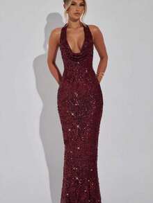 Elegant Sequin Halter Deep-V Maxi Dress For Women, Slim Bodycon Silhouette With Shimmer Finish, Backless Winter Party And Evening Gown - 紅色 - 查看 3