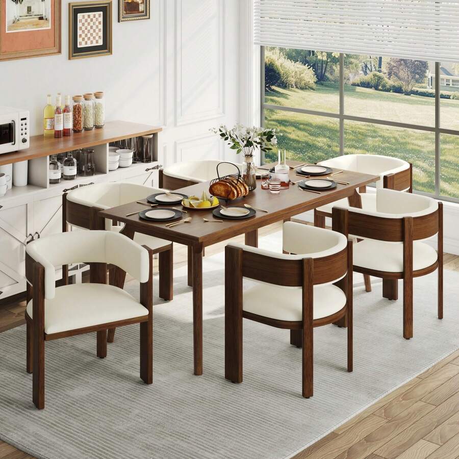 2/4/6/8 Pack Barrel Chairs With Curved Backrest | Solid Wood Frame, Comfortable PU Upholstery & Adjustable Feet (Not Include Table) - 白色 - 查看 1