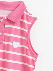 2 peças Vestido Casual e Confortável para Meninas com Padrão Listrado, Bainha Franzida e Gola Polo Sem Mangas - Multicolorido - Visão 6
