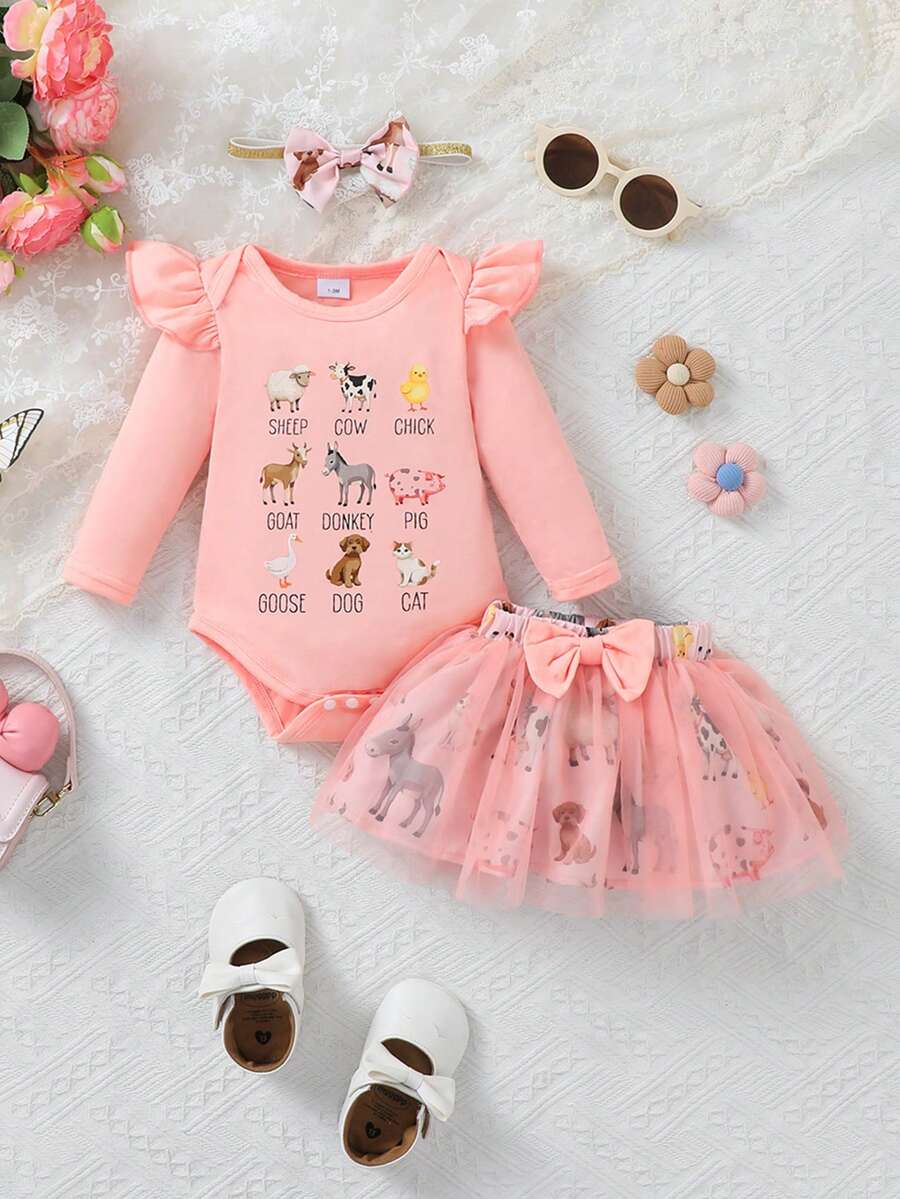Baby Girls' Bodysuit Set, Round Neck Long Sleeve Bodysuit+ Mesh Skirt, Cute Cow Animal All-Over Print Casual Versatile - Pink - View 1