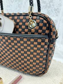 Checkered Crossbody Bag For Women Shoulder Plaid Handbags Top Handle Satchel Bag Woven Bum Bag Stylish Woven Crossbody Bag PU Leather - 咖啡黑格 - 查看 9