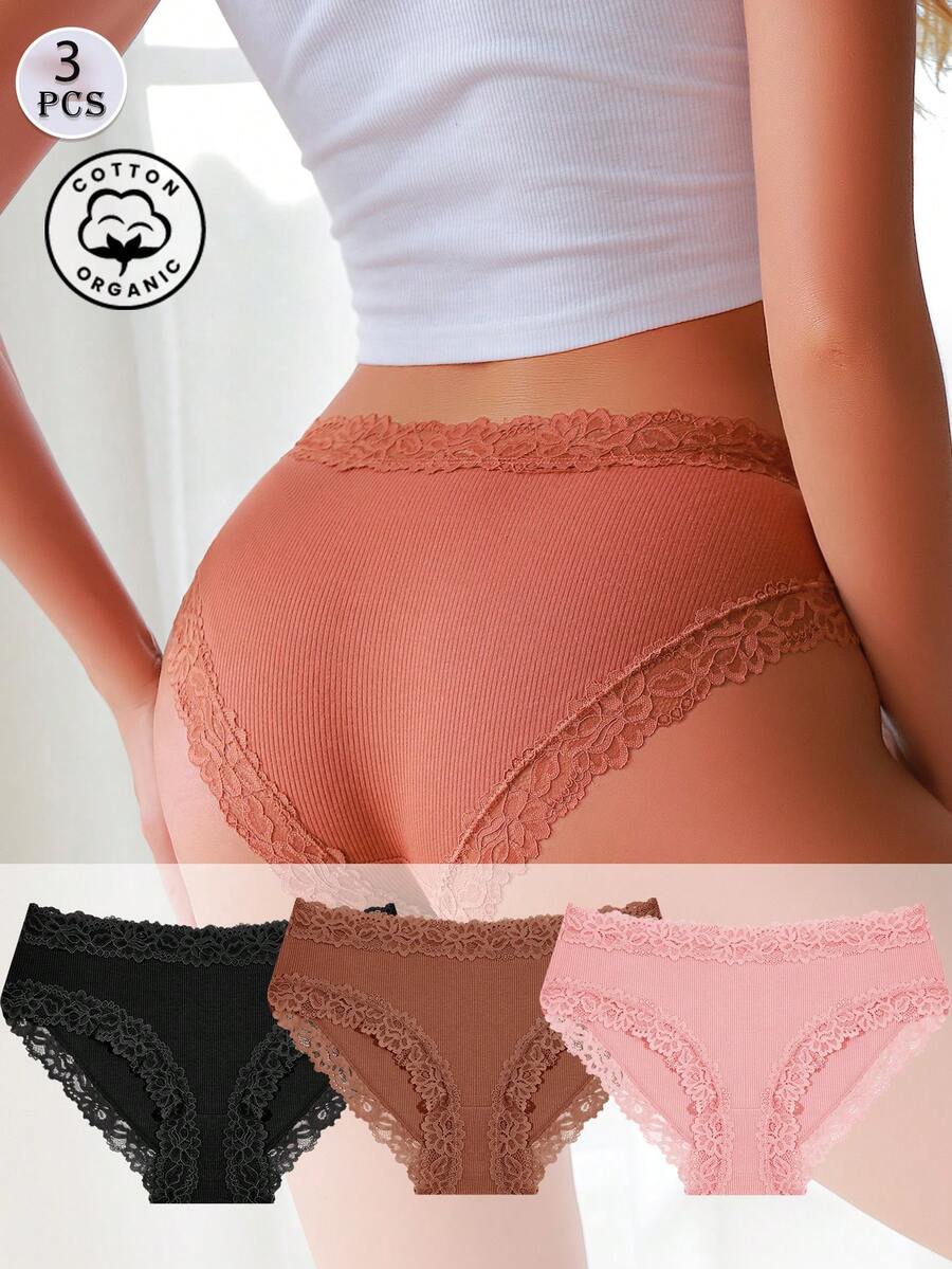 3 Packs Women's Organic Cotton Ribbed Underwear | Floral Lace Trim, Soft & Breathable | Daily Intimate Wear - Multicolor - View 1