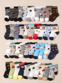 10 Pairs Baby & Toddler Crew Socks, Cartoon Car/Rocket Pattern, Striped/Star Mixed Pattern, Contrast Heel/Toe, Soft Cotton Knit, Breathable Elastic Fit, Fun Socks Set For Baby Boys - Multicolor - View 1