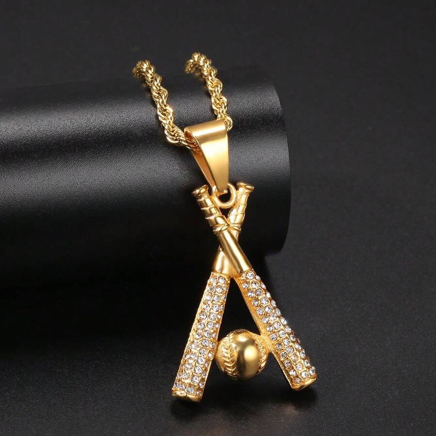 1pc European & American Style Baseball Pendant Necklace, Men's Punk Personalized Jewelry, Holiday Gift, Small Accessory - Gold - View 1