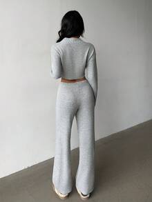 2 件套女士纯色羊毛毛衣套装，毛衣和裤子，秋冬时尚家居服 - 灰色 - 查看 6