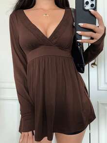 Y2K Casual Sexy V-Neck Fitted Knit Long Sleeve Top, Suitable For Spring, Valentine's Day, Street Dates, And Home Wear - Brown - View 2