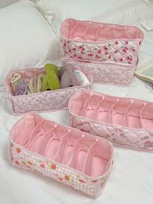 Cute Strawberry Underwear Socks Storage Basket Quilted Floral Storage Basket Folding Underwear And Socks Storage Basket With Partition Design - Multicolor - View 5