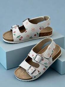 1 Pair Girls' Light Gray & White Cherry Blossom Shoes, Faux Suede Soft Cork Flat Sandals With Dual Metal Buckles + Ankle Strap, Non-Slip Soft Sole, Fresh & Sweet Style, Popular Summer Wear, Fashionable Design, Ideal Children's Sandals Gift - 灰色 - 查看 1