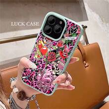 1pcs Pink Leopard Tattoo Roses Skull Heart Phone Case Suitable For Apple Phone 11 12 13 Pro Xs Max XS X 14 15 16 Plus 17ProMax Silicone Shock Proof Vintage Funky Cute Fashion Can Be Given To Friends You Can Give It To Yourself - 薄荷綠 - 查看 5