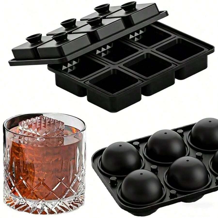 Molde de cubitos de hielo reutilizable con forma de diamante de 6 cavidades, fabricante de helados, molde para bolas de hielo, bandejas de cubitos de hielo redondas y cuadradas de silicona, utensilio de cocina - Negro - Ver 1