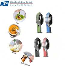 4-In-1 Portable Foldable Utensil Set Compact Knife Fork Spoon Bottle Opener Kit Stainless Steel Utensils For Camping Hiking Travel - 1 st slumpmässig färg - Visa 6