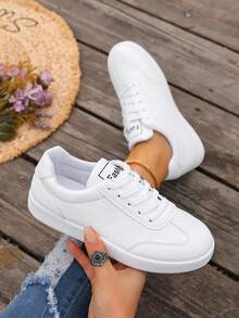 Women's White Low-Top Sneakers - Holographic Detail Fashion Casual Shoes - White - View 3