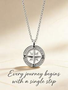 1件925纯银指南针项链，女士夏季款，镶钻方向指示吊坠，锁骨链，独特设计，时尚百搭，奢华颈饰