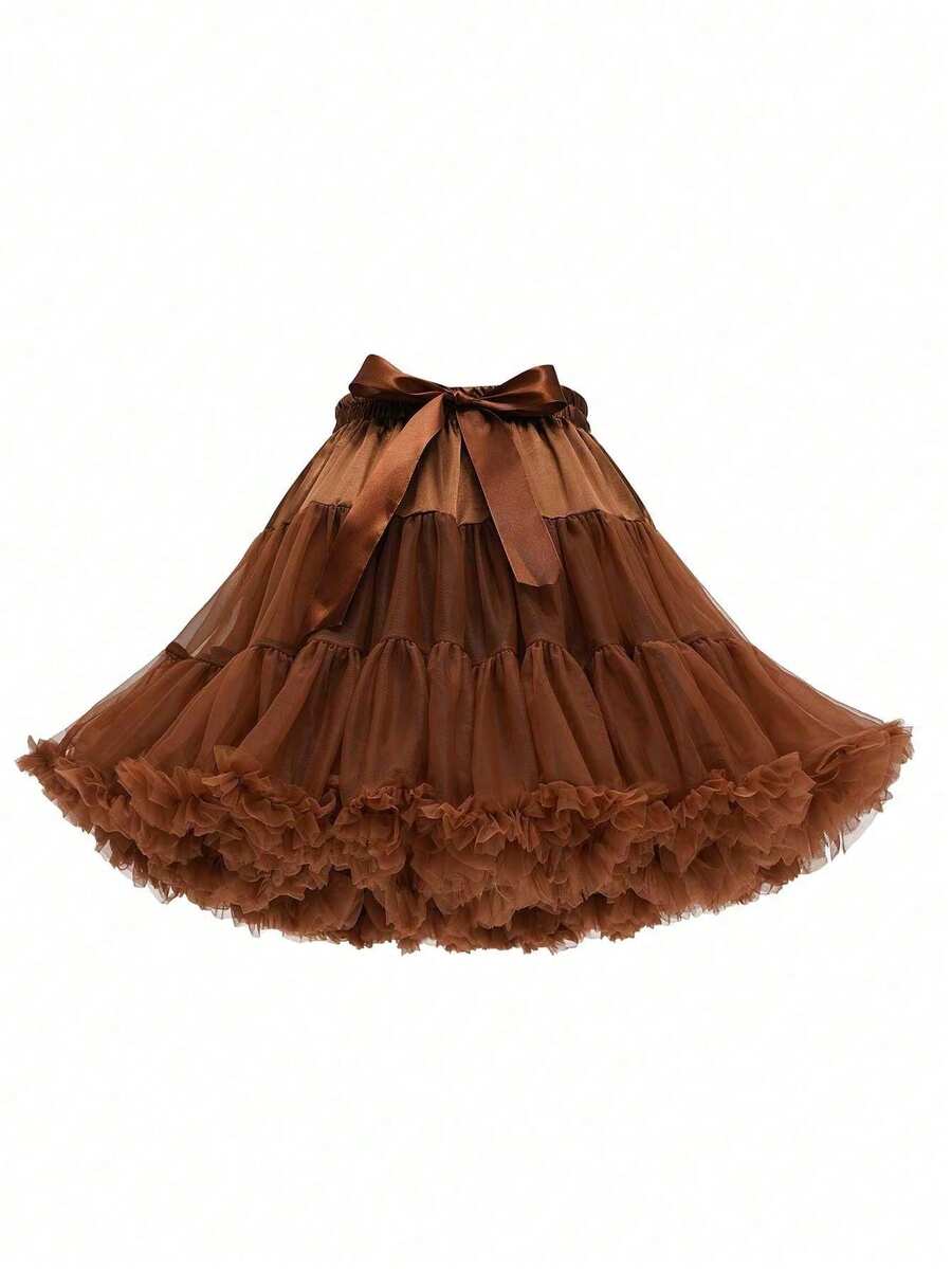 XKTRXF Women's Tulle Skirt, Elastic Waist Chiffon Mini Slip Skirt, Princess Ballet Tutu Skirt, White Skirt For Adults - Coffee Brown - View 1
