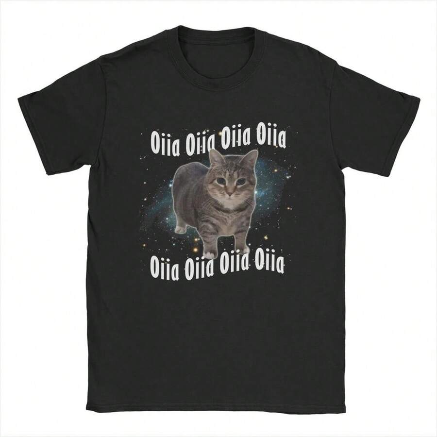 Camiseta de hombre OIIA OIIA Spinning Cat Meme Glitch Disco, divertida y moderna, de manga corta, cuello redondo, de algodón, regalo de ropa - Negro - Ver 1