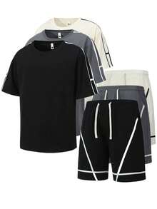 2pcs/Set Summer New Fashionable Loose Comfortable Casual T-Shirt And Shorts Set For Young Men - Black - View 10