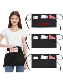 3 Piezas Delantales Corto de Cintura con 3 Bolsillos, Impermeable Chef Delantal Negro para Hombres y Mujeres, Delantal de Cocina Camarero Ajustable para Restaurante Cafetería - Negro - 70x46 cm - Ver 8