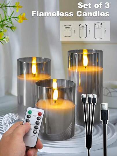 3pcs Rechargeable Candle Lights, Warm White Flameless Candles With Adjustable Brightness And Remote Control, Home Decor Creative Gift, Warm Flame, For Lanterns, Patio, Christmas, Wedding, Birthday, Home Decoration