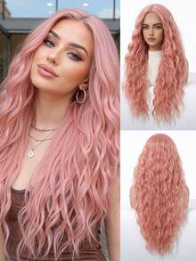 150% 密度女士长款波浪卷发假发 - 棕色 Kanekalon 高温丝，可调节帽围，适合各种肤色，浓密卷发，无蕾丝高温丝全头假发，适合日常佩戴 - 粉色 - 查看 2