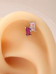 1 pieza Pendientes de botón cuadrados de diamante de acero inoxidable para mujer - Plateado - Ver 4