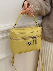 2026 Spring/Summer New Mini Solid Color PU Leather Litchi Grain Pattern Handbag, Cosmetic Bag, Square Handbag, Niche Fashion Bucket Bag, Box Bag, Versatile Casual Shoulder Crossbody Bag For Women - Yellow - View 3